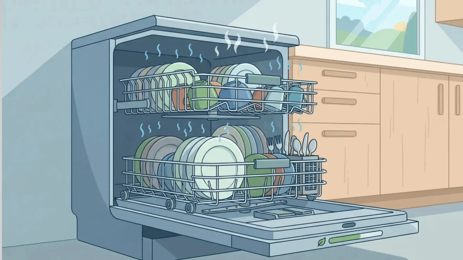 open kitchen dishwasher filled with clean dishes and cups, with visible steam rising from the top and bottom racks