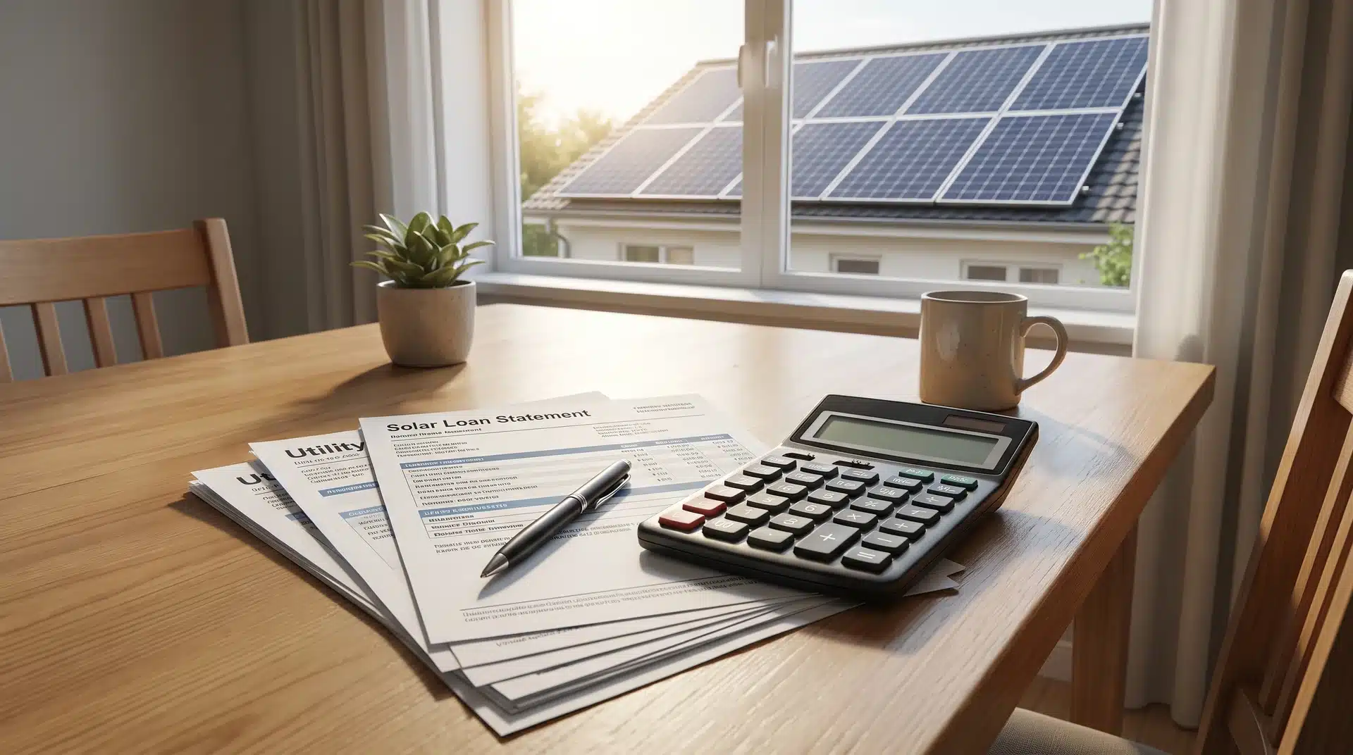 Electricity bill and calculator on a table with rooftop solar panels visible outside
