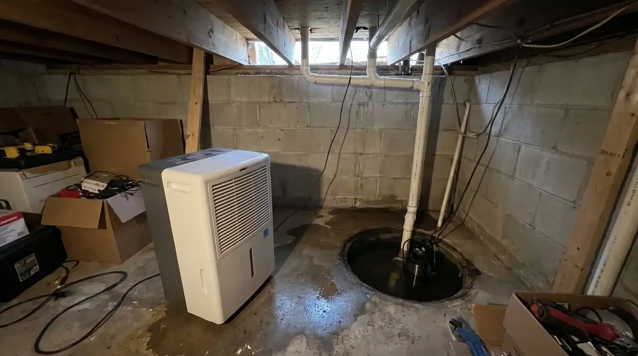 Residential dehumidifier with humidity control dial running in an unfinished basement