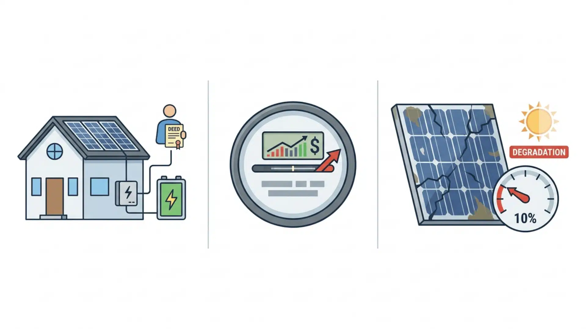  Flat illustration showing three solar value factors: ownership type, electricity rate indicator, and panel age marker