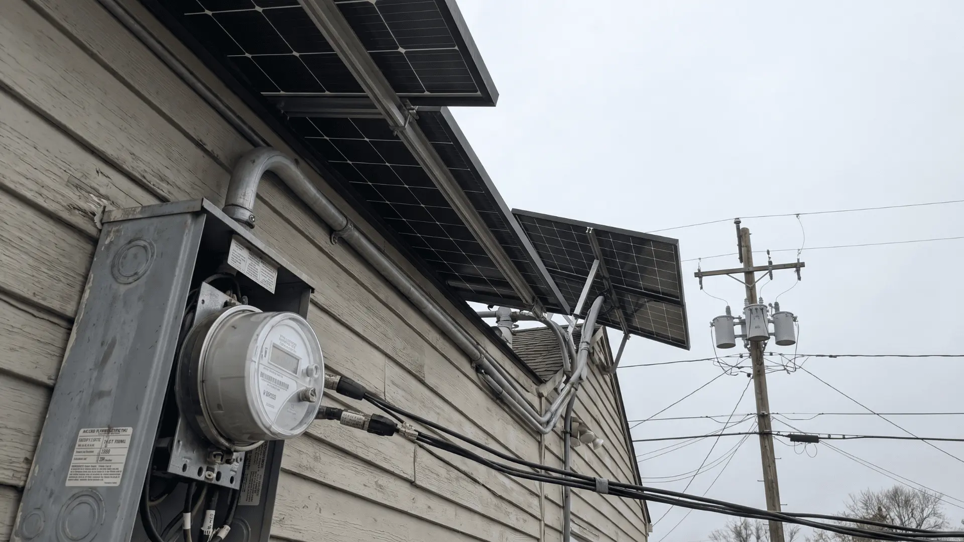 Solar panels on a roof connected to a home meter with utility infrastructure showing energy flow concept