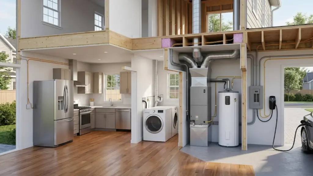 wide-angle house cutaway showing a refrigerator, clothes dryer, HVAC system, electric water heater, and an EV charger in a garage