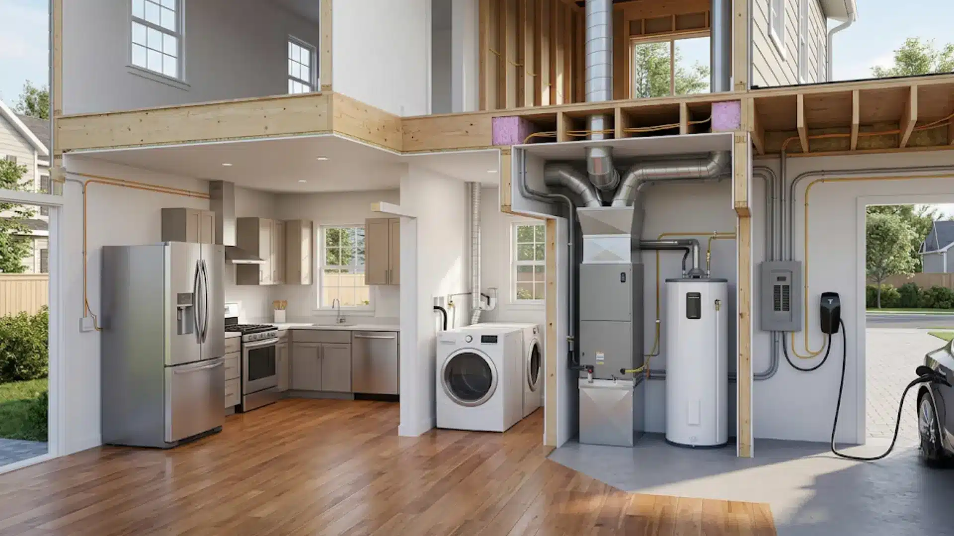 wide-angle house cutaway showing a refrigerator, clothes dryer, HVAC system, electric water heater, and an EV charger in a garage