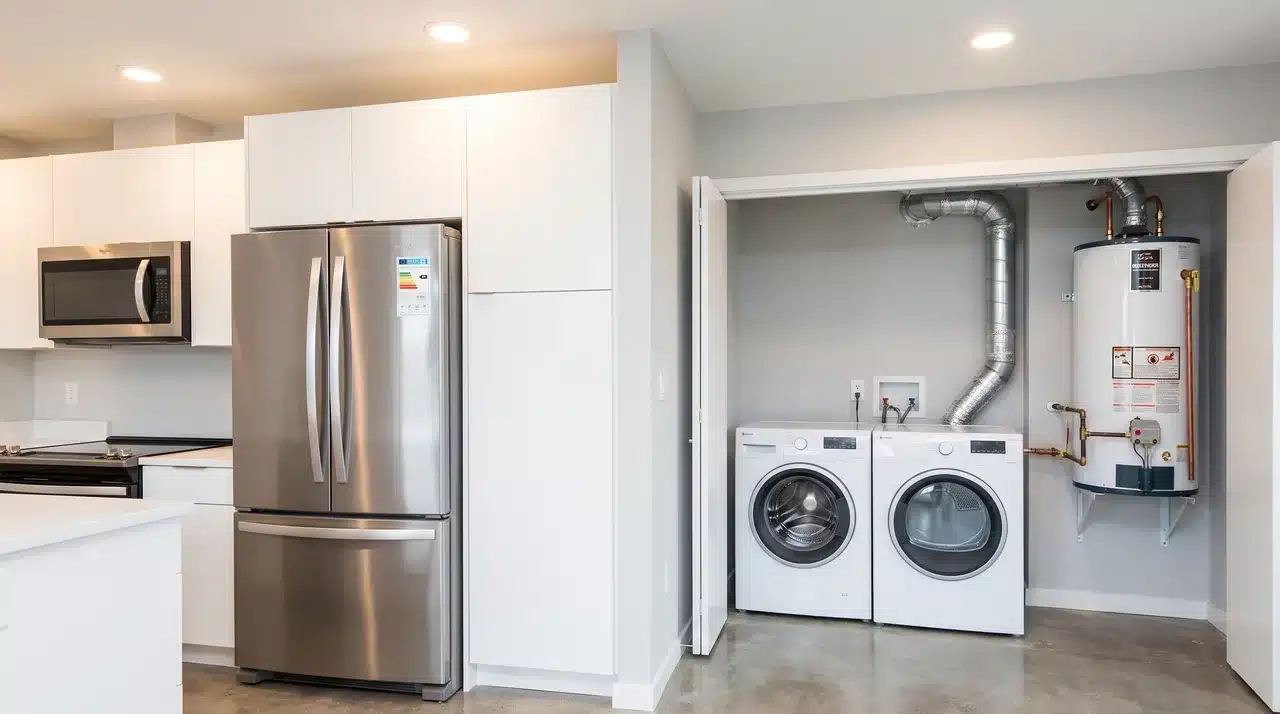 A modern utility area with a stainless steel refrigerator, white washer and dryer units, and a water heater.