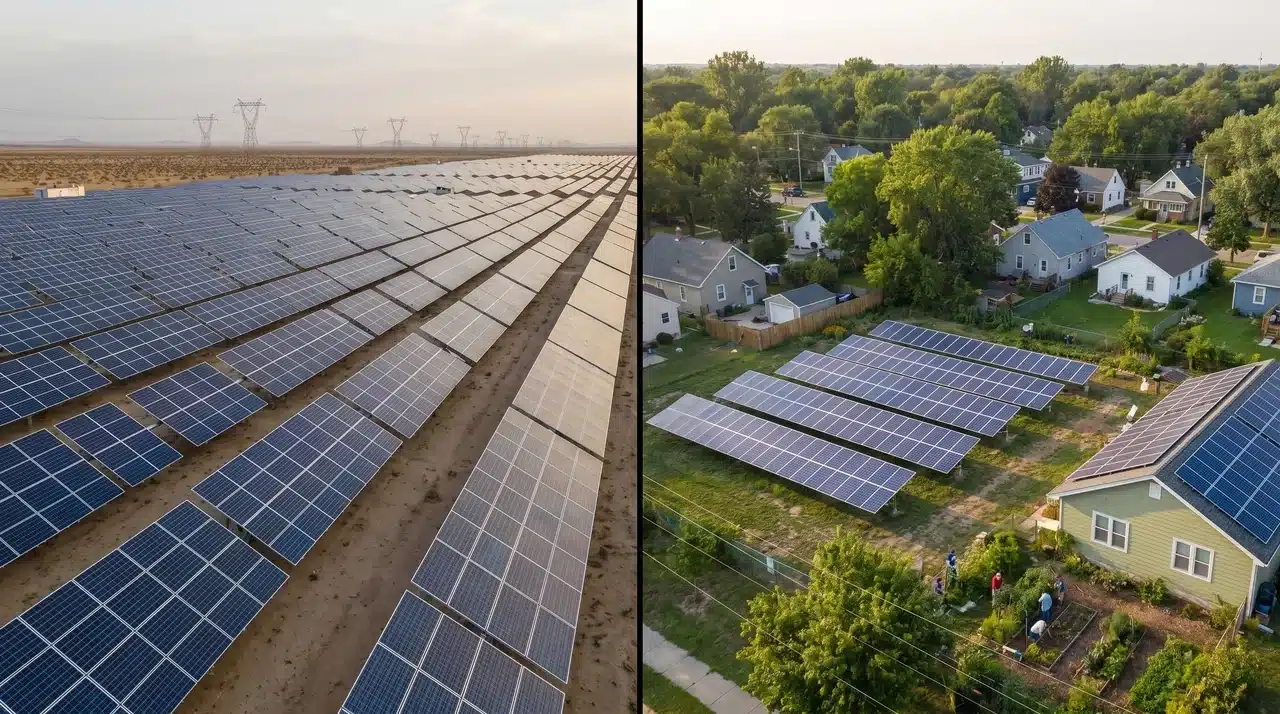 Comparison of a large utility-scale solar farm and a smaller community solar farm installation