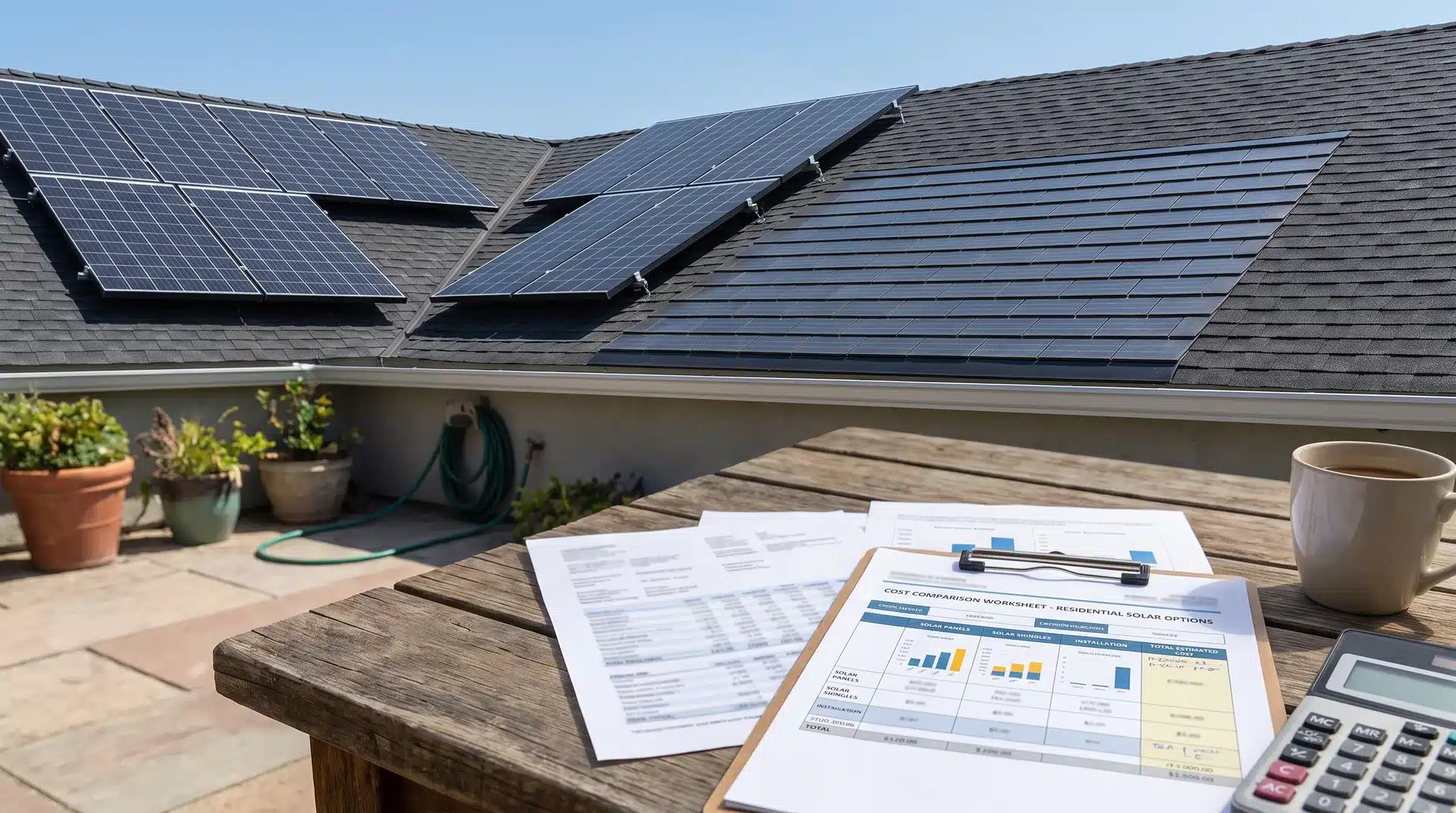 Rooftop with solar panels and shingles, with documents showing cost comparisons for installation