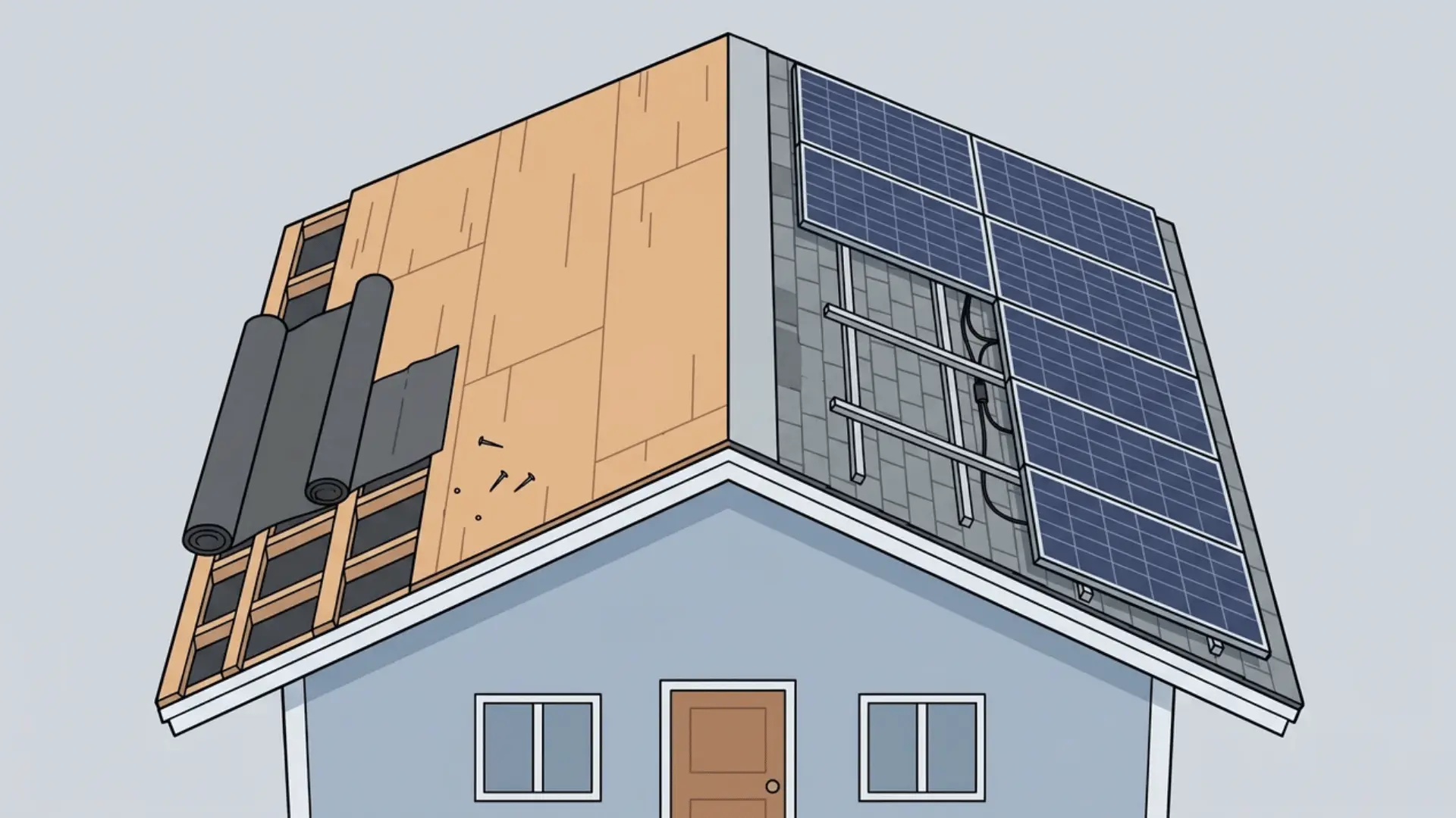 Isometric flat illustration of residential roof with one side showing bare decking and other side showing mounted solar panel racking