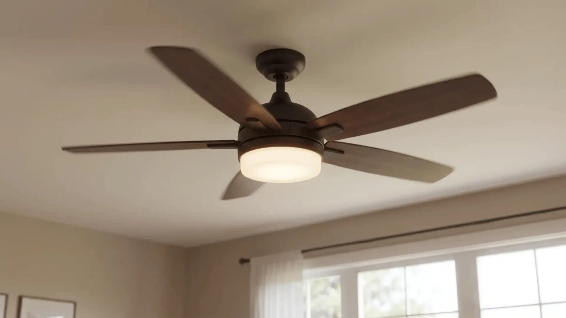 modern dark wood ceiling fan with five blades and a glowing central light fixture, mounted on a white ceiling