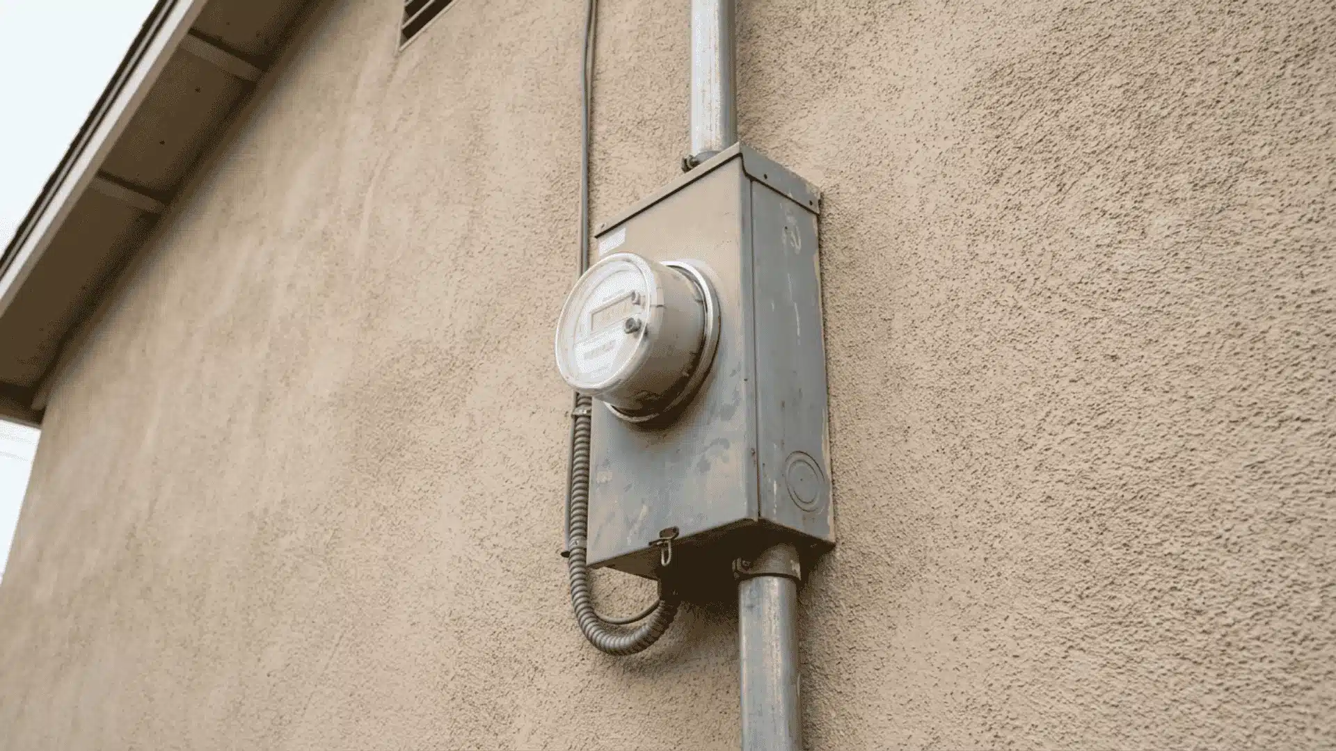 electric meter box mounted on house wall with conduit leading inside