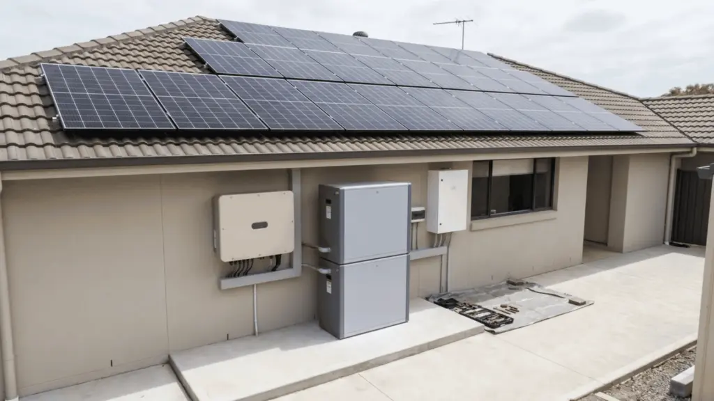 Solar panels, inverter, and battery arranged in a rooftop installation layout