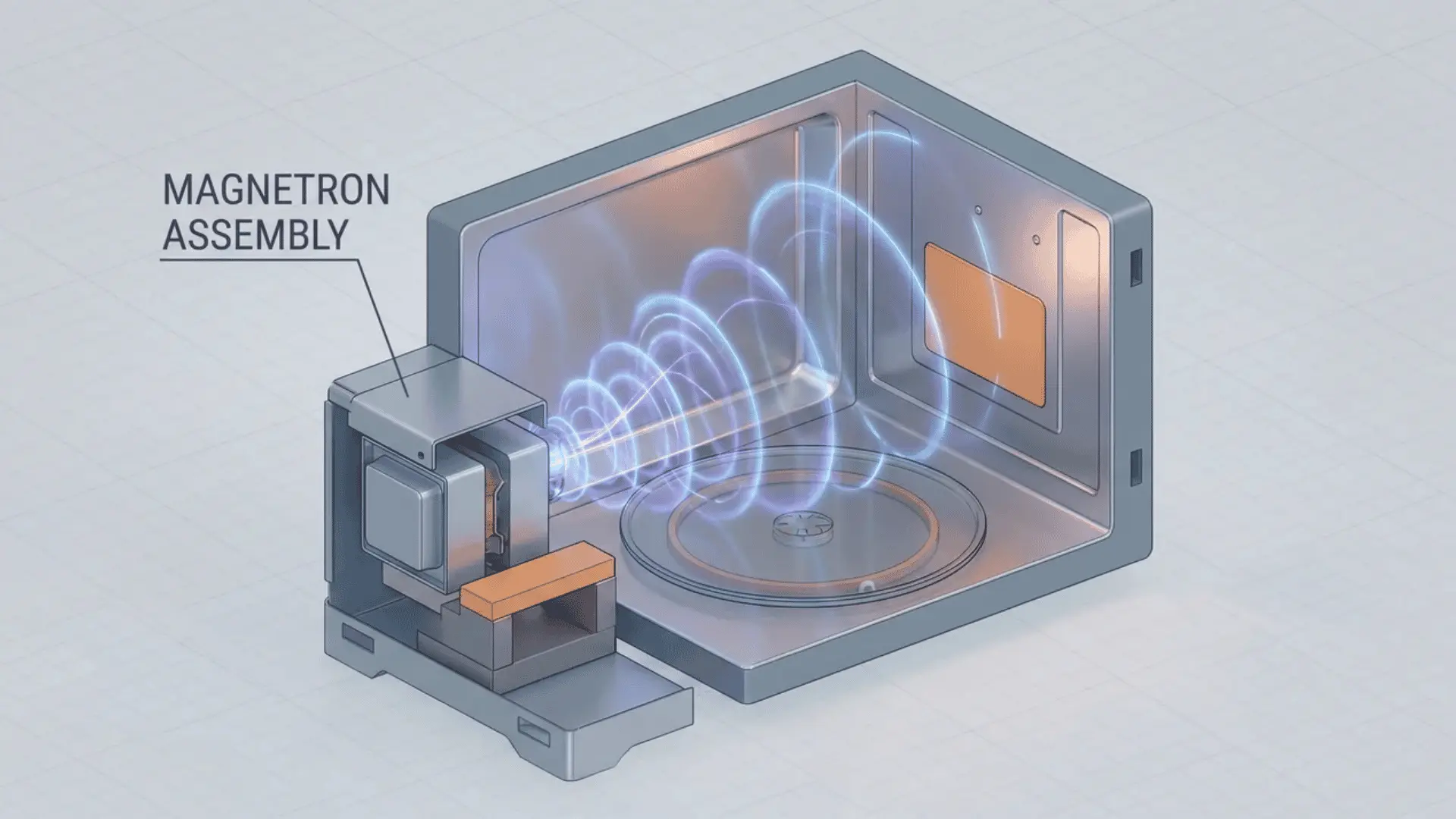 cutaway microwave showing magnetron sending wave pulses into chamber