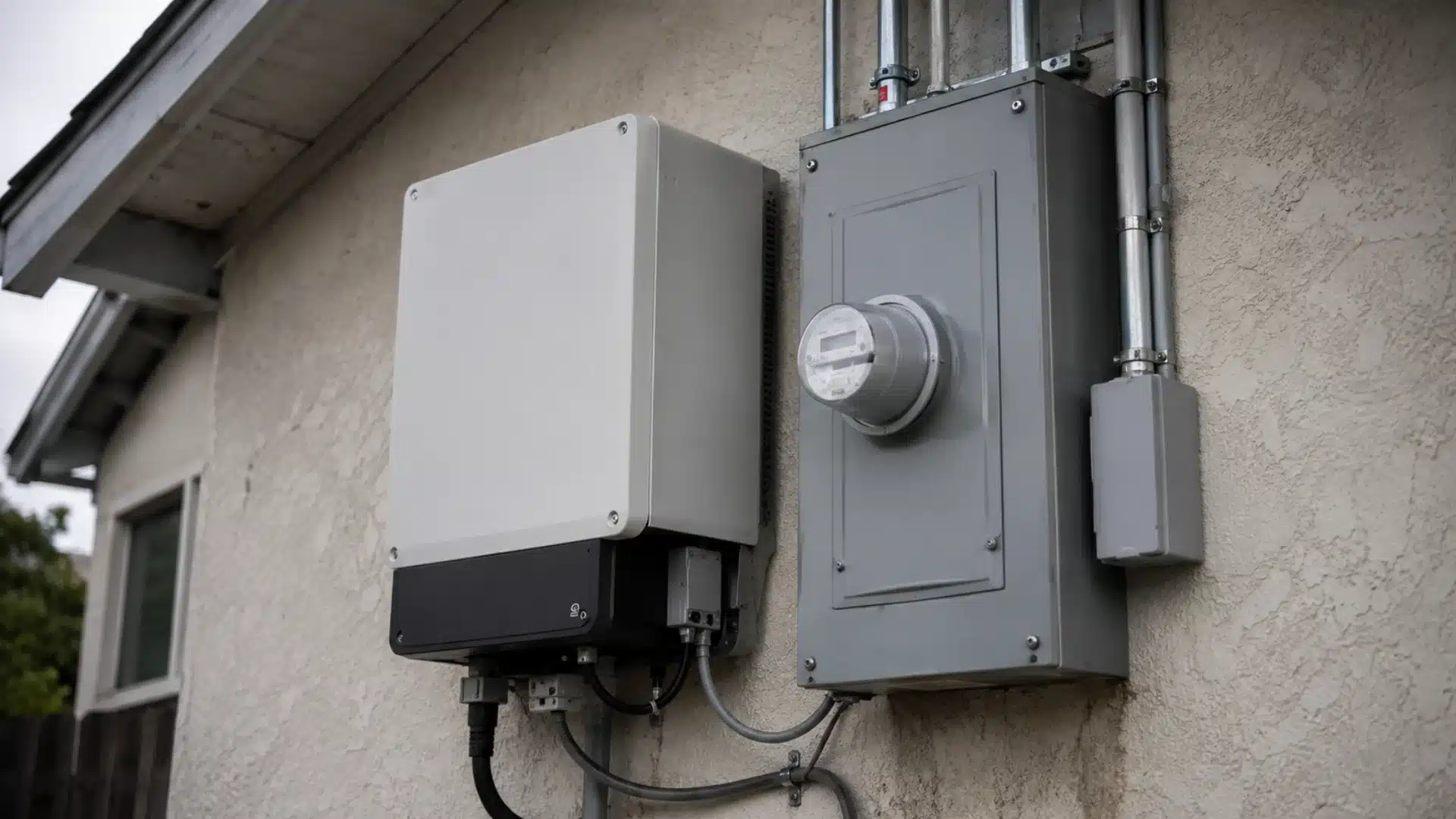 Solar inverter and electrical panel mounted on exterior wall