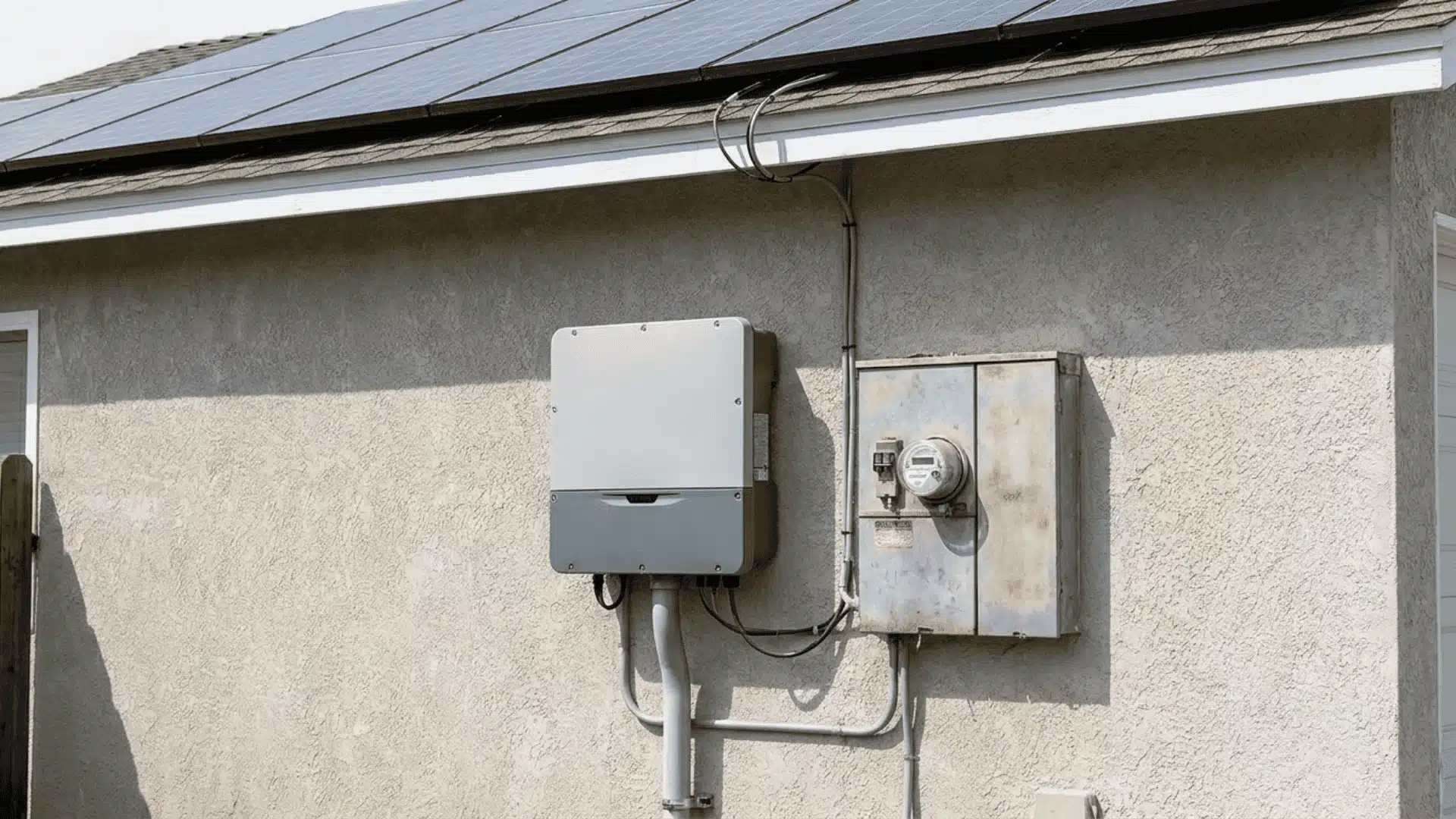 Solar panels on a home's roof above a wall-mounted inverter and electric meter connected for residential solar power.