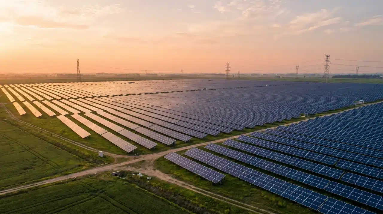 Aerial view of a large solar farm with rows of solar panels stretching across an open field.