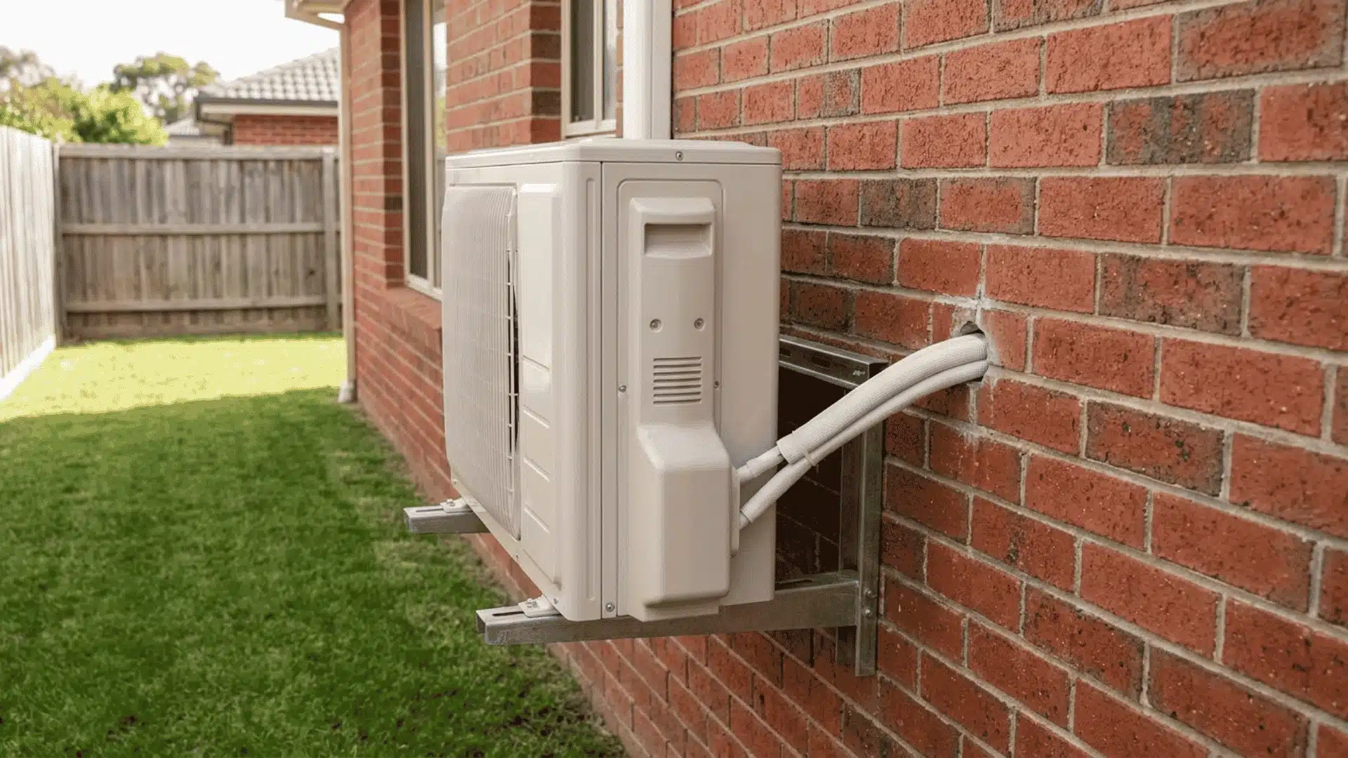 Outdoor ductless compressor unit mounted on an exterior brick wall with a conduit running through the wall
