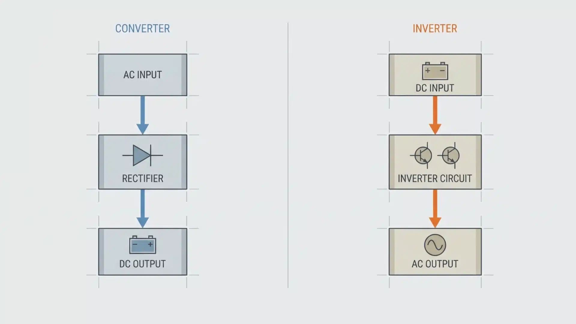 side by side technical comparison of converter and inverter components