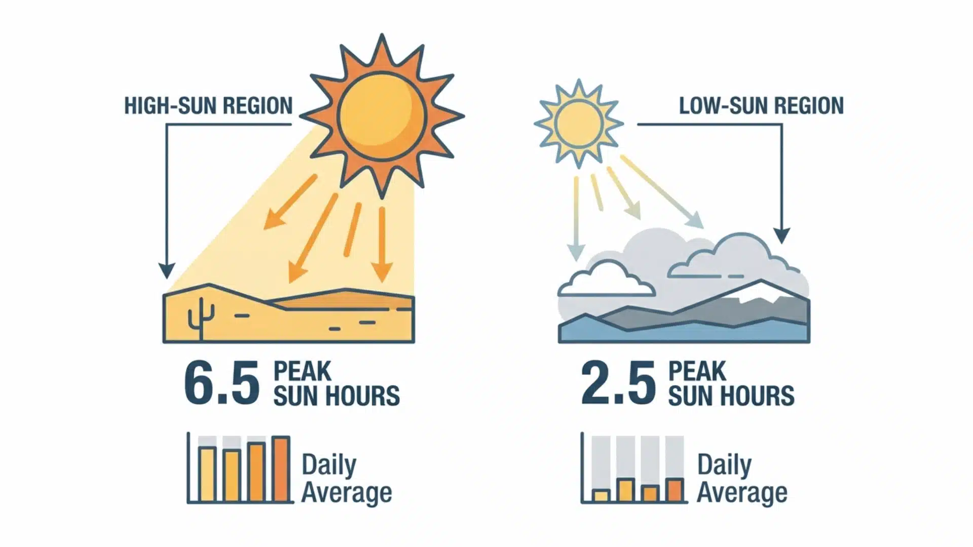 Flat illustration comparing solar irradiance levels between high-sun and low-sun regions with labeled hour values