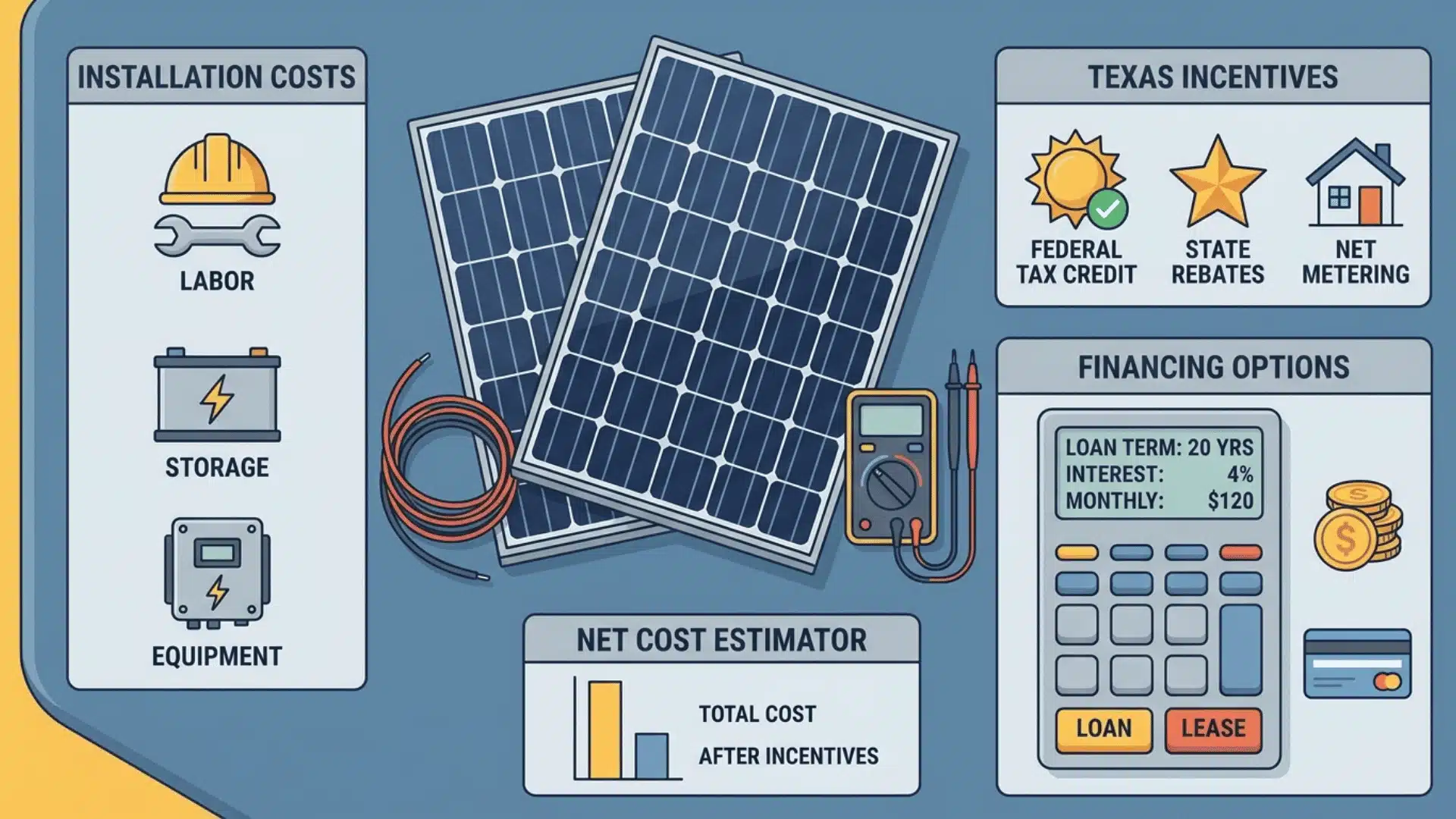 solar panels with tools and cost elements arranged in sections representing installation cost factors
