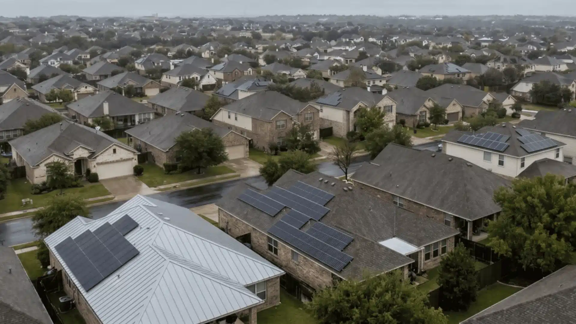 Houses with solar panels under cloudy weather conditions