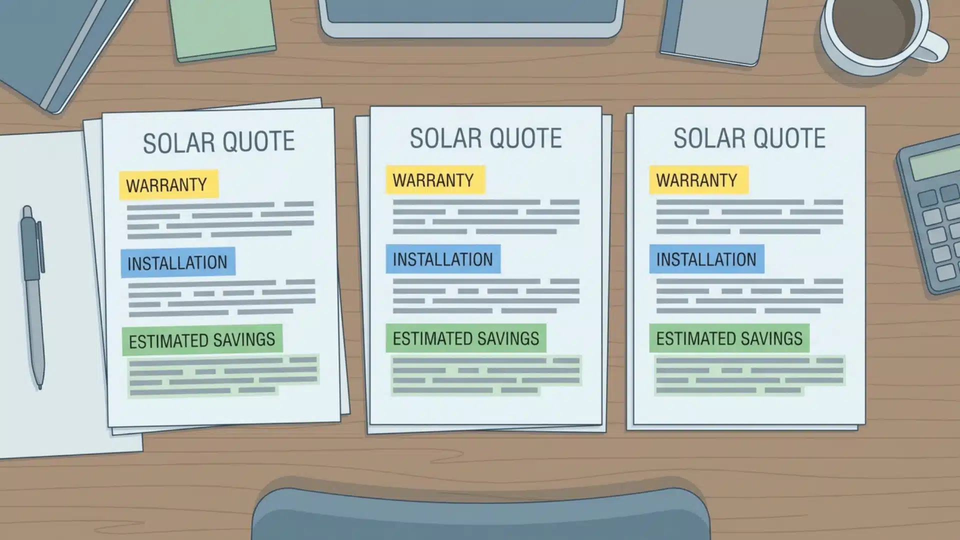 solar installation quotes laid out with highlighted warranty and cost sections