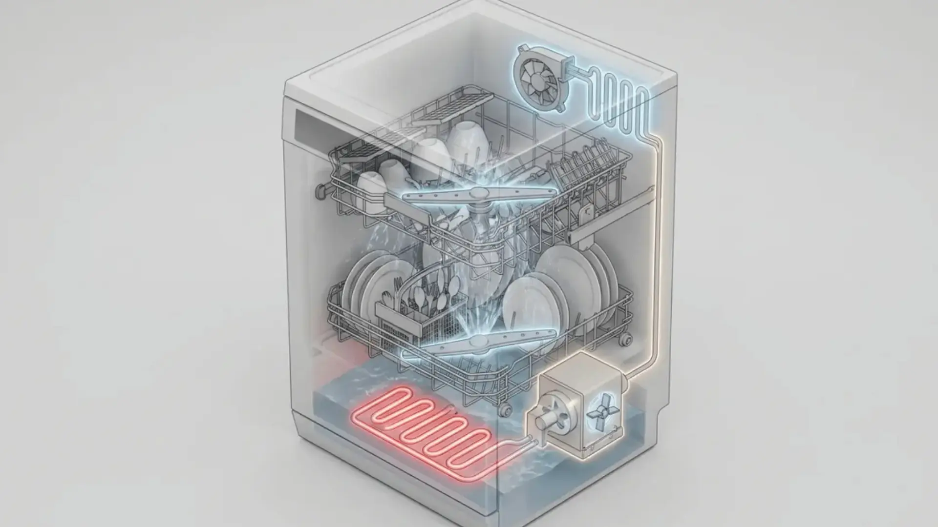 cutaway diagram of a dishwasher showing internal components, including the water sprayers, heating element, pump, and drying fan
