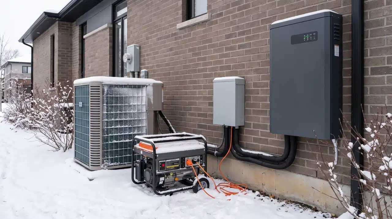Heat pump connected with generator and battery backup equipment during winter.