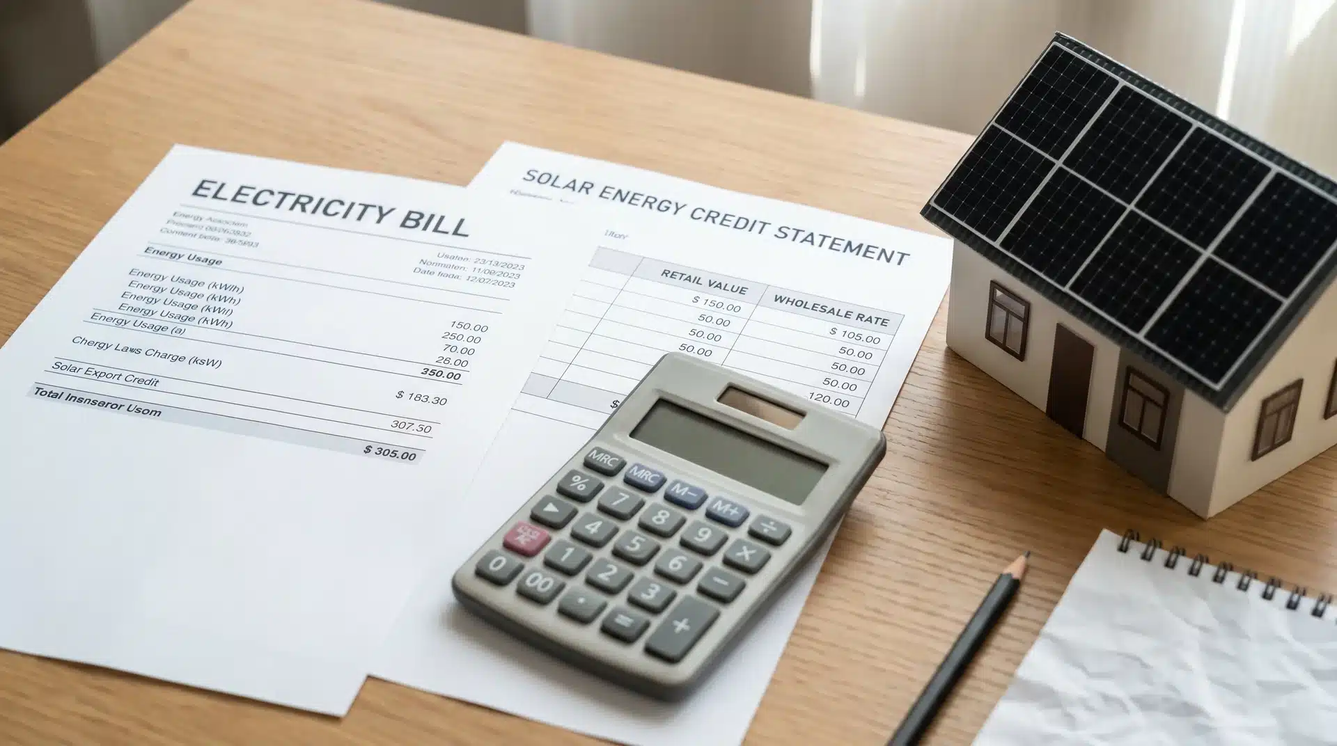 Solar bill, calculator, and energy credit documents showing solar savings calculation concepts