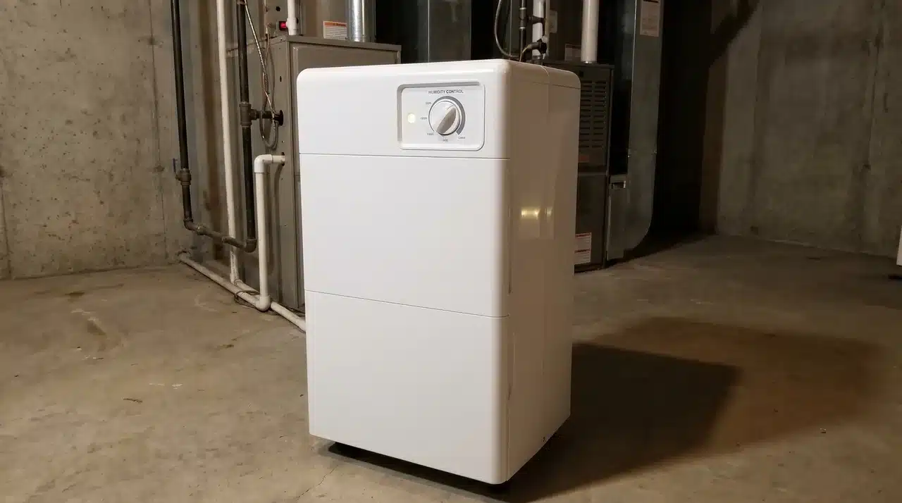 Dehumidifier operating in an unfinished basement with exposed pipes and an open sump pit nearby