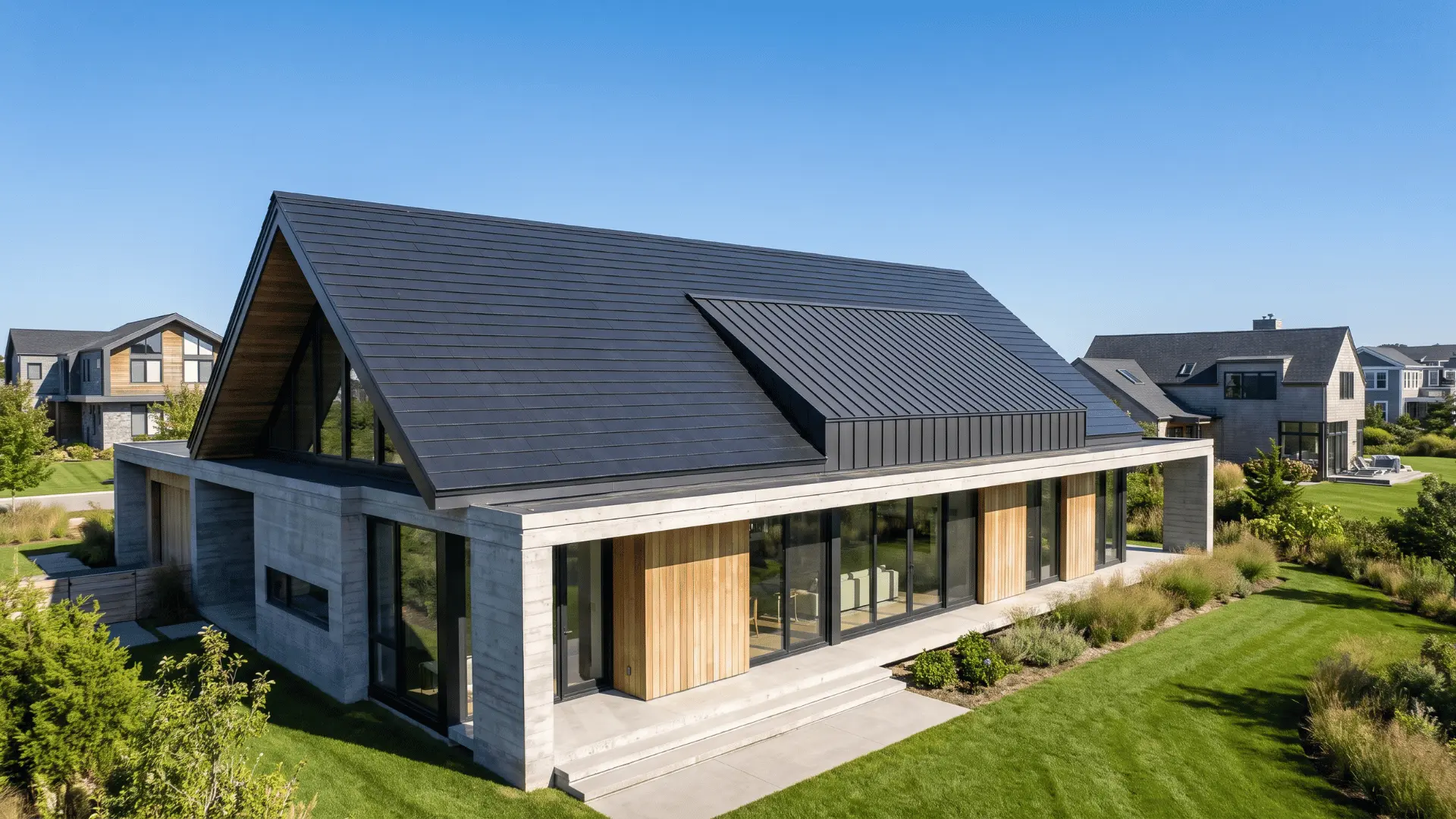 Modern home using solar shingles as an integrated roofing solution