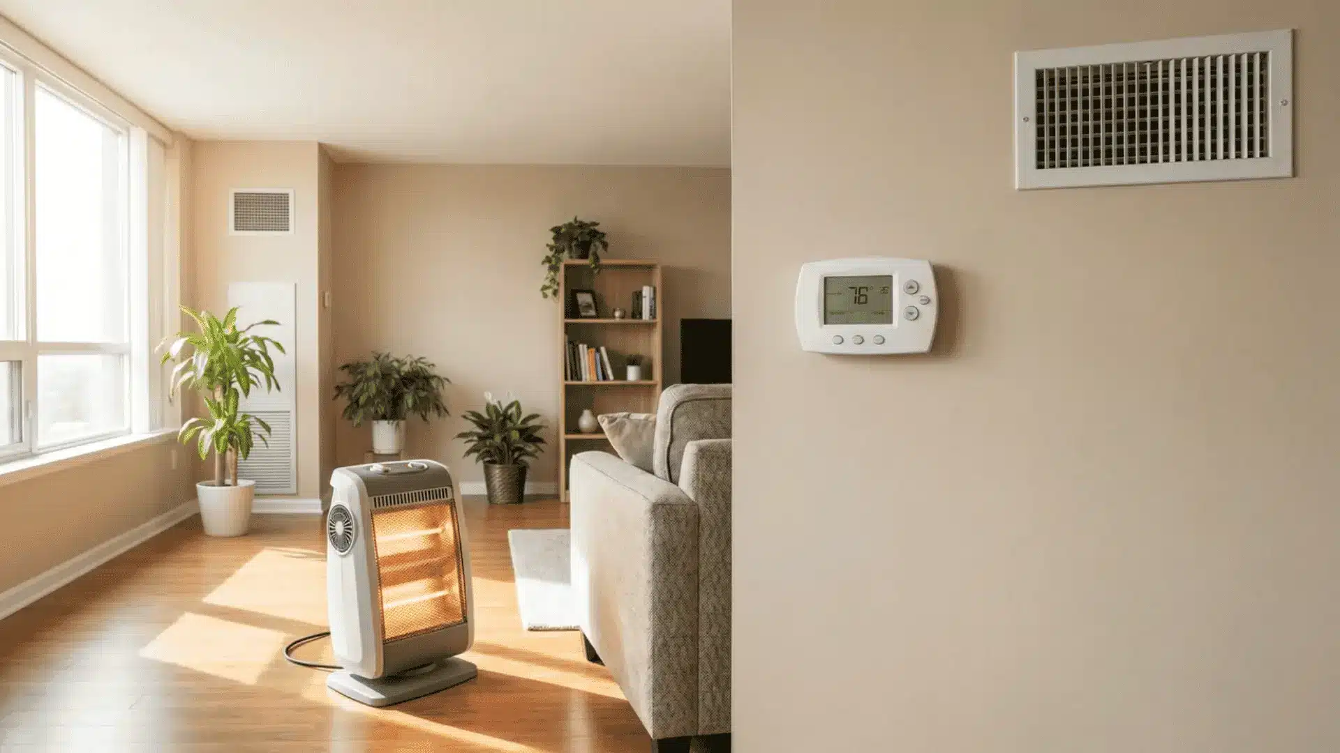 An electric space heater in a living room contrasted with a wall-mounted central heating thermostat and vent.