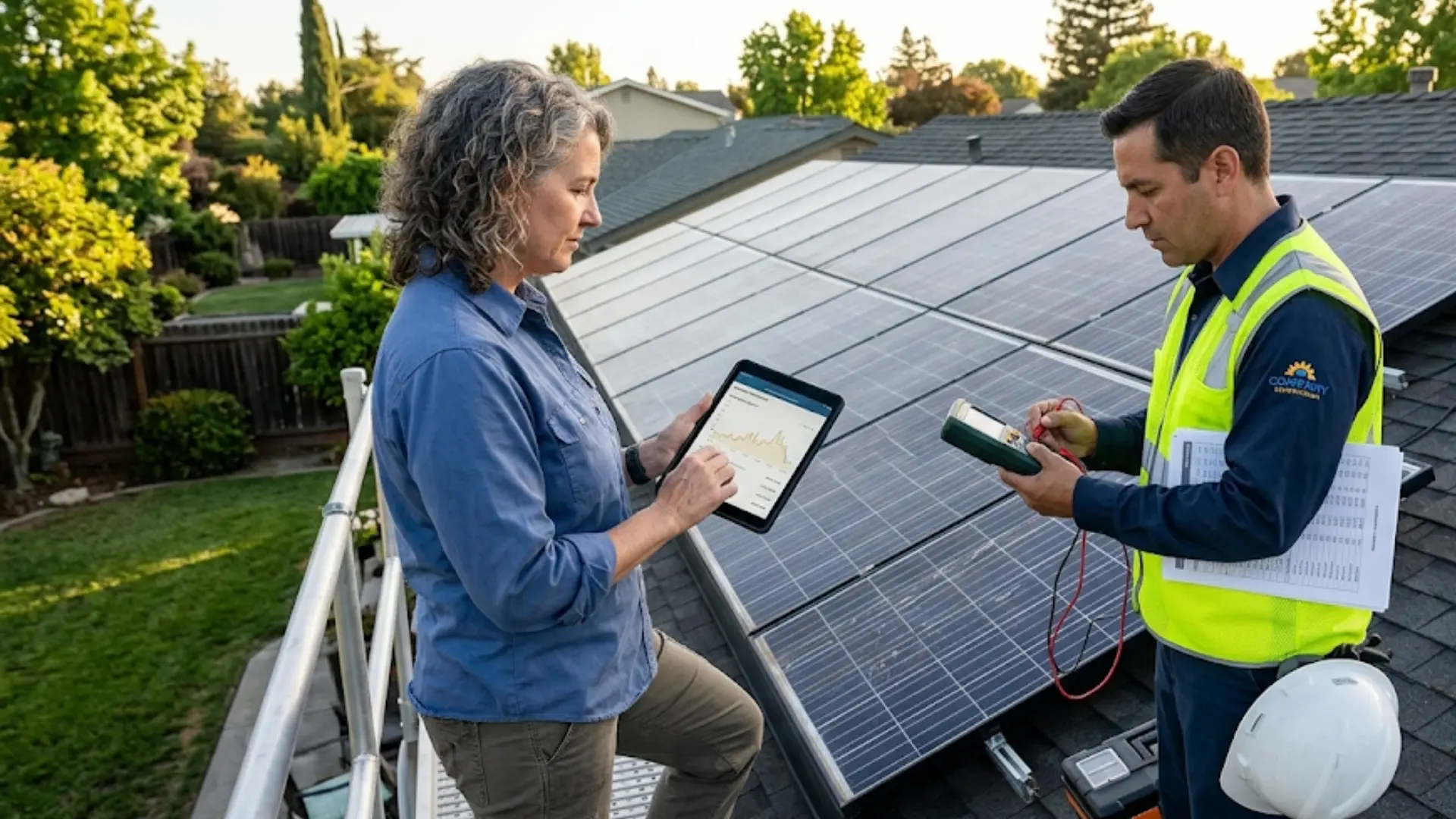solar technician and homeowner on a roof monitor the performance of an aging solar panel array using digital tablets