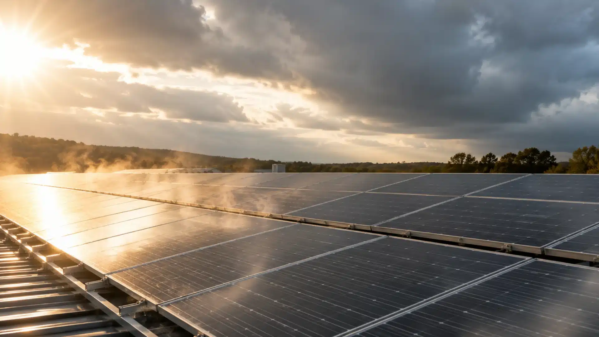 Solar panel under a partly cloudy sky showing heat haze and shade reducing energy output