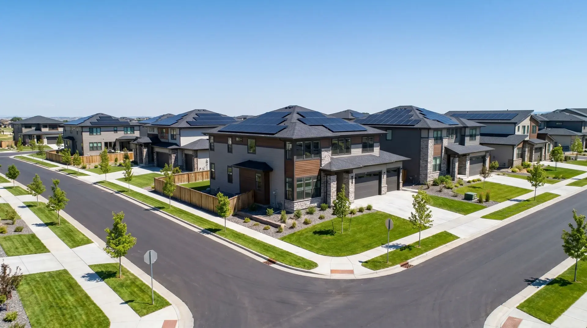 Modern homes with rooftop solar panels in a residential neighborhood, highlighting clean energy and property value.