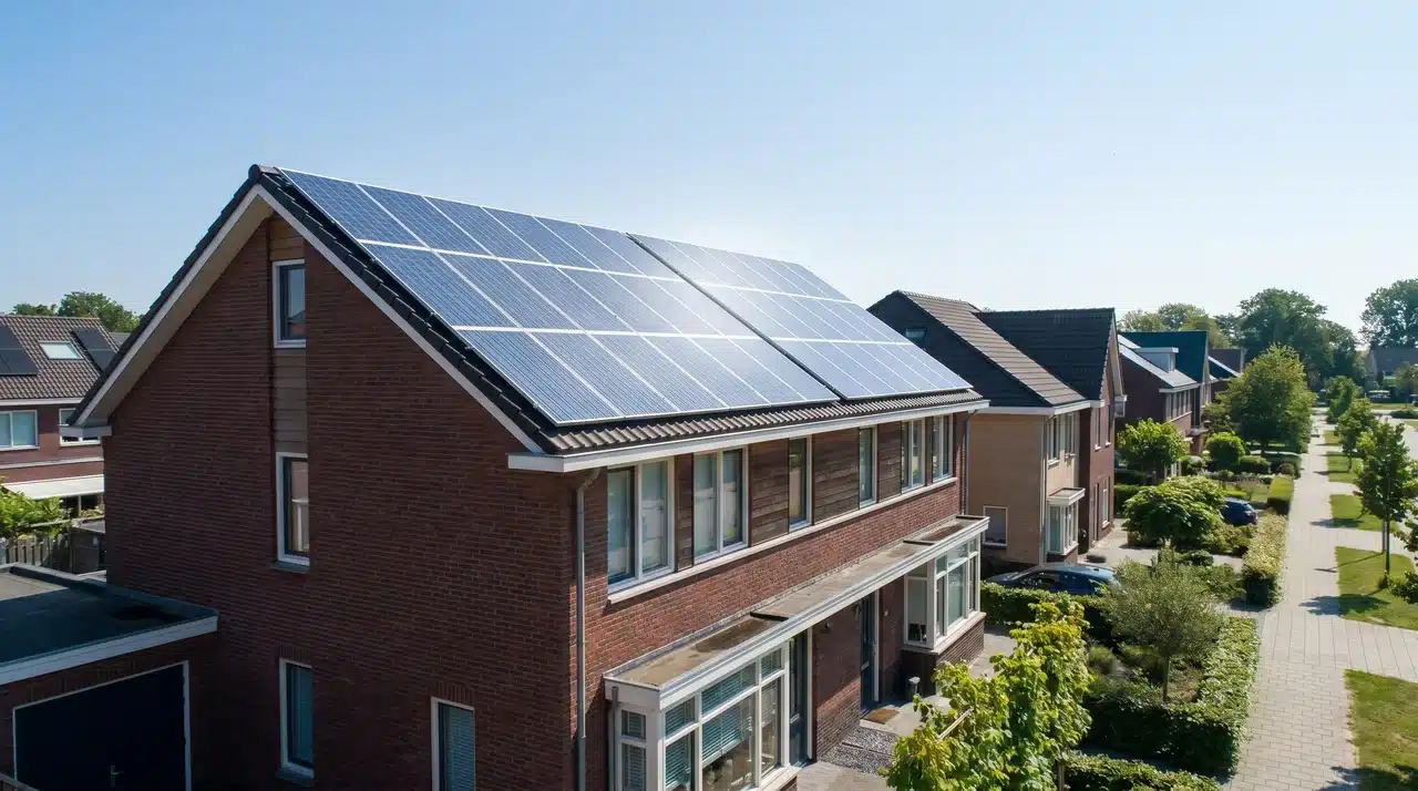 Solar panels installed on rooftop of red brick residential house in a sunny suburban neighbourhood