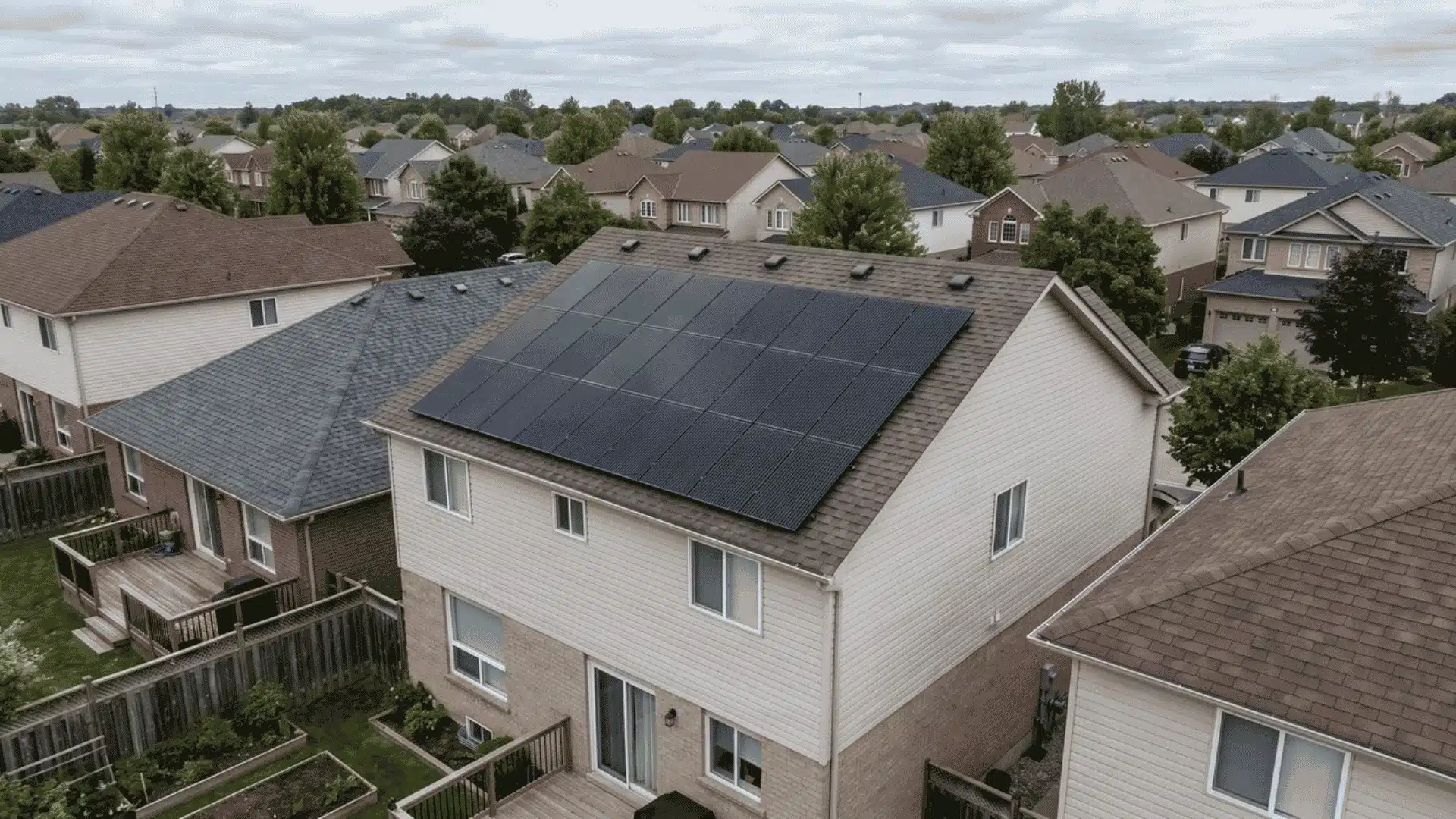Aerial view of a suburban home with rooftop solar panels installed.