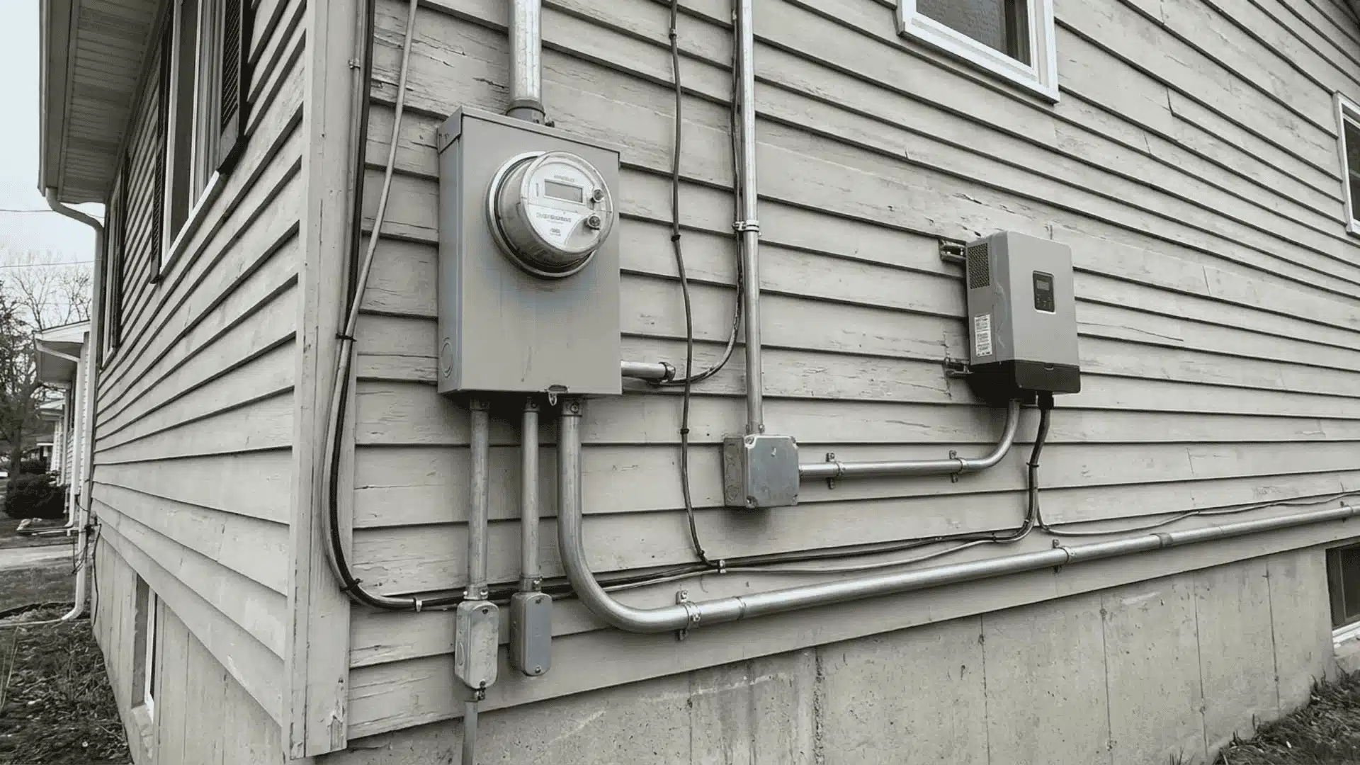 solar panel wiring connected to home electric meter box on exterior wall