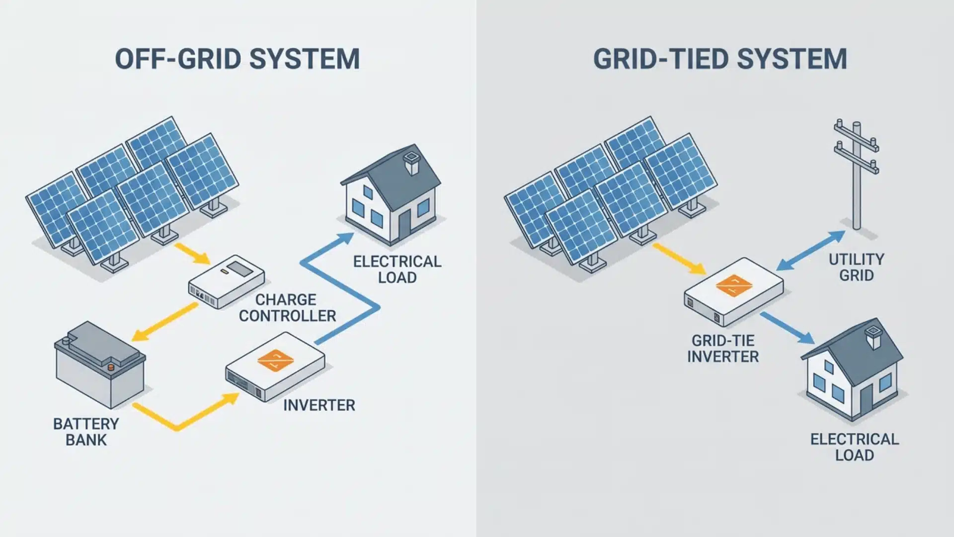 solar system layout showing where inverter and converter are used in different setups