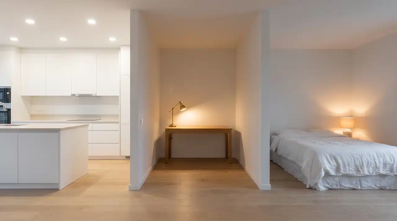 Editorial interior composite showing three rooms side by side with contrasting light intensity from blazing kitchen ceiling grid to soft bedroom amber lamp glow.