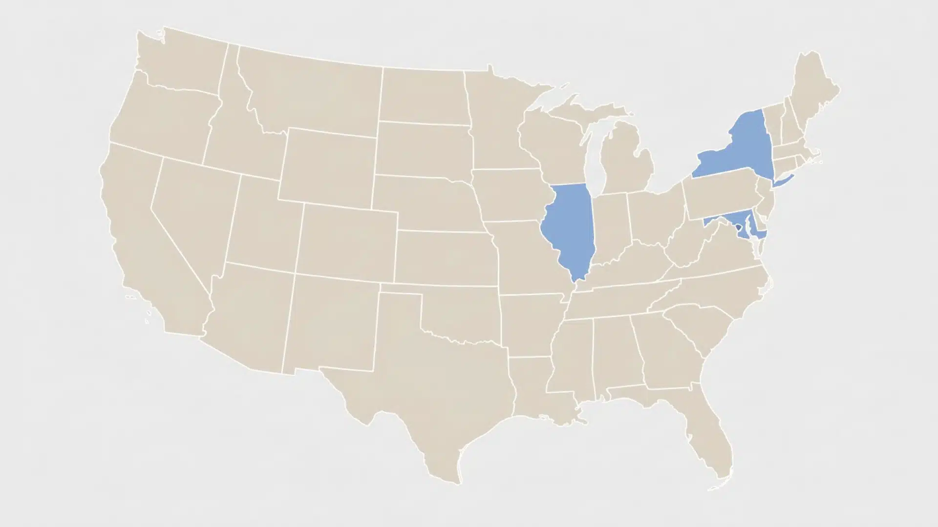 Flat map of the United States with Illinois, New York, and Washington D.C. highlighted
