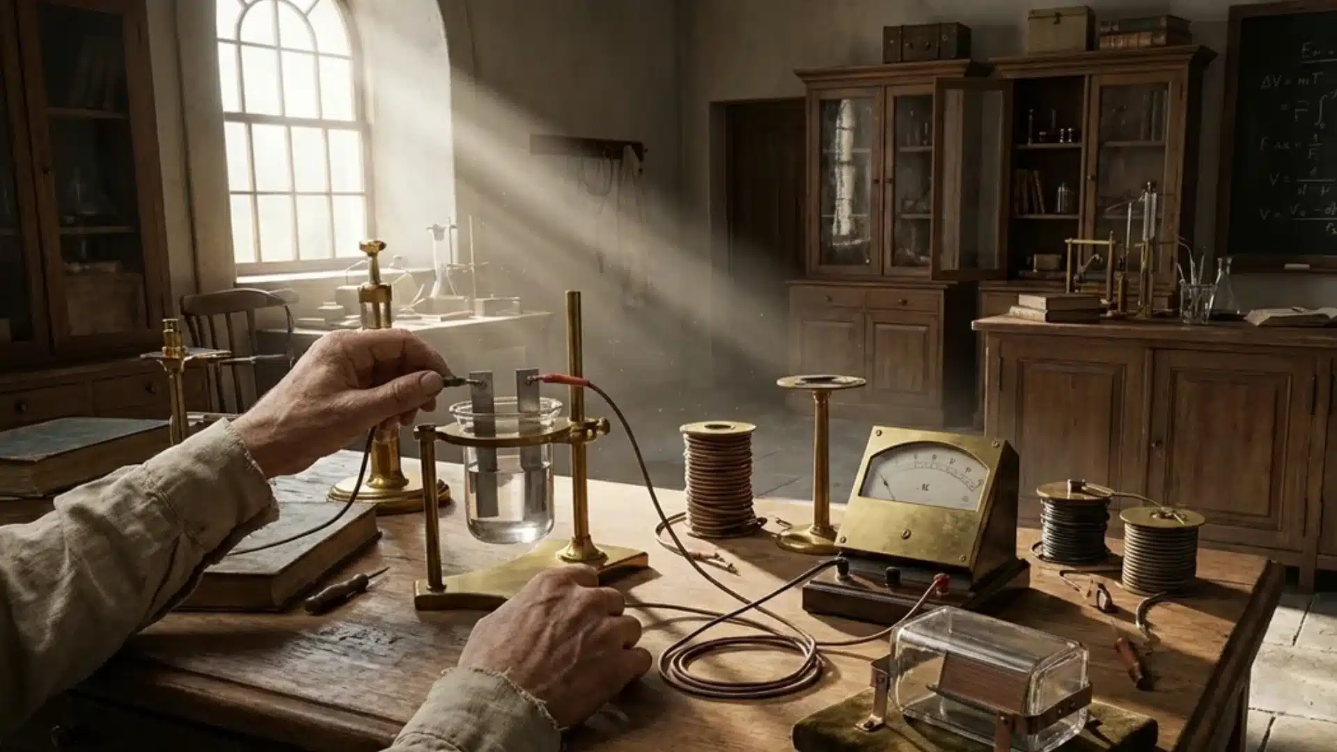 Sunlight reaches an early laboratory cell during experiments on the photovoltaic effect