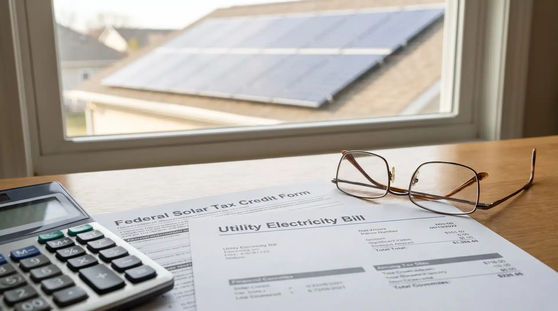 Solar documents and an electricity bill on a desk with solar panels outside a window