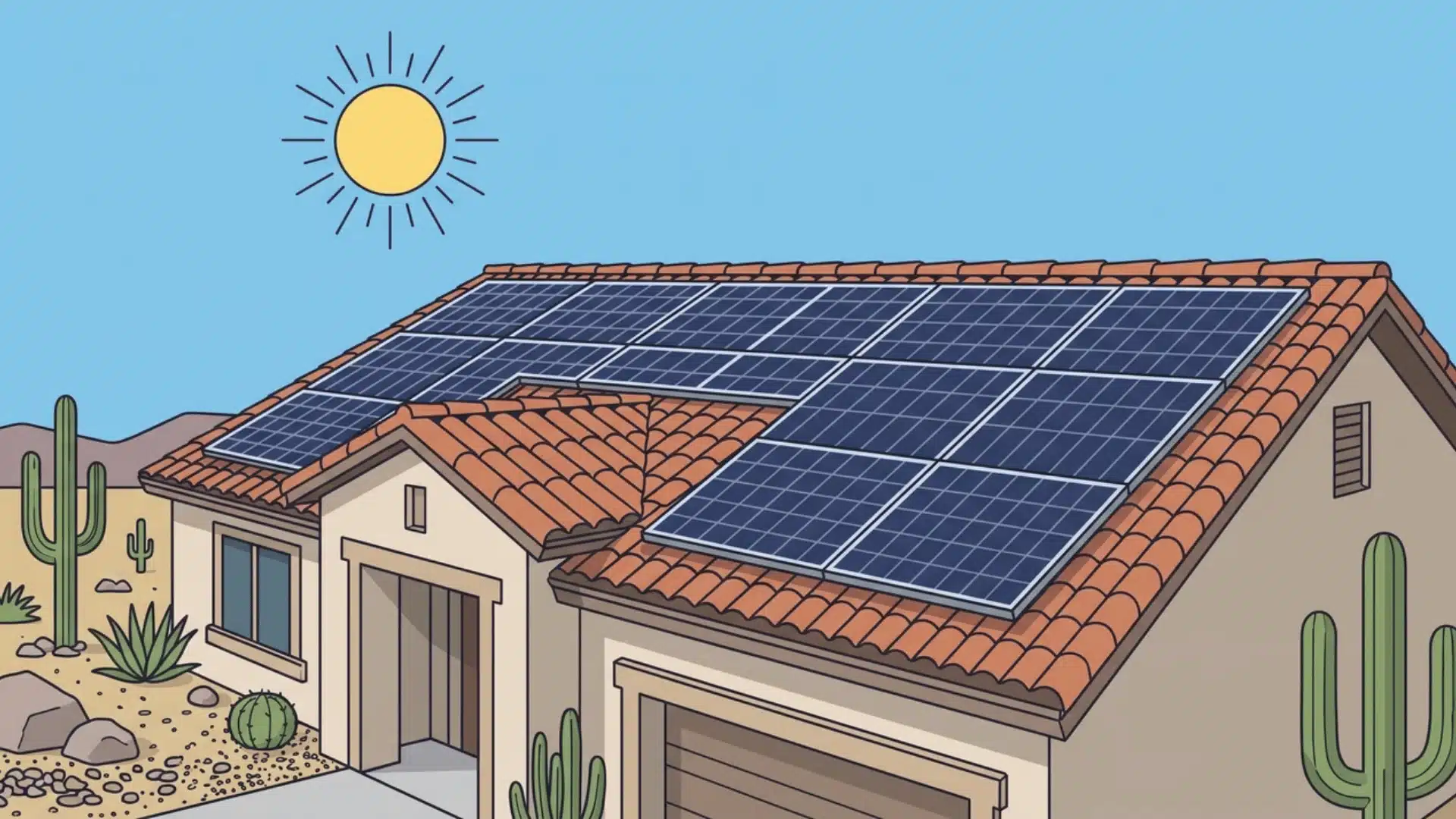 Illustrated house roof with solar panels under bright sun in a desert setting
