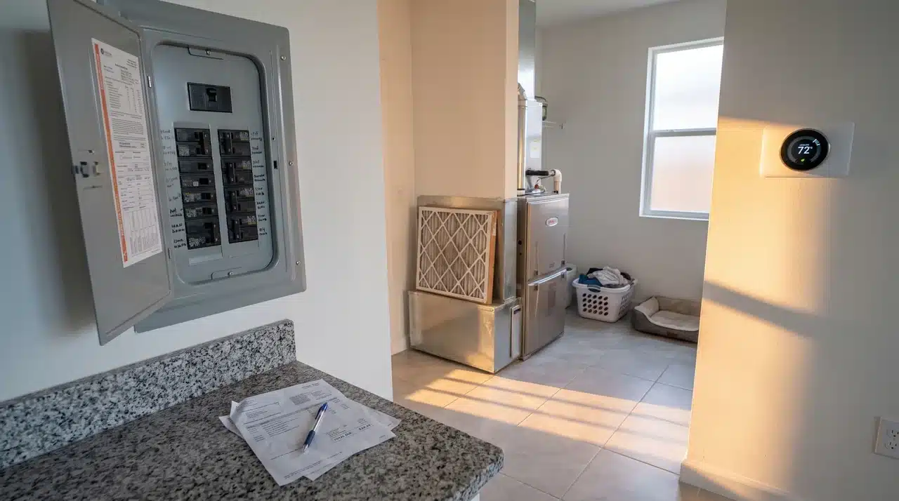 Residential electric panel with utility bill on countertop beside HVAC unit and glowing smart thermostat in modern home interior.