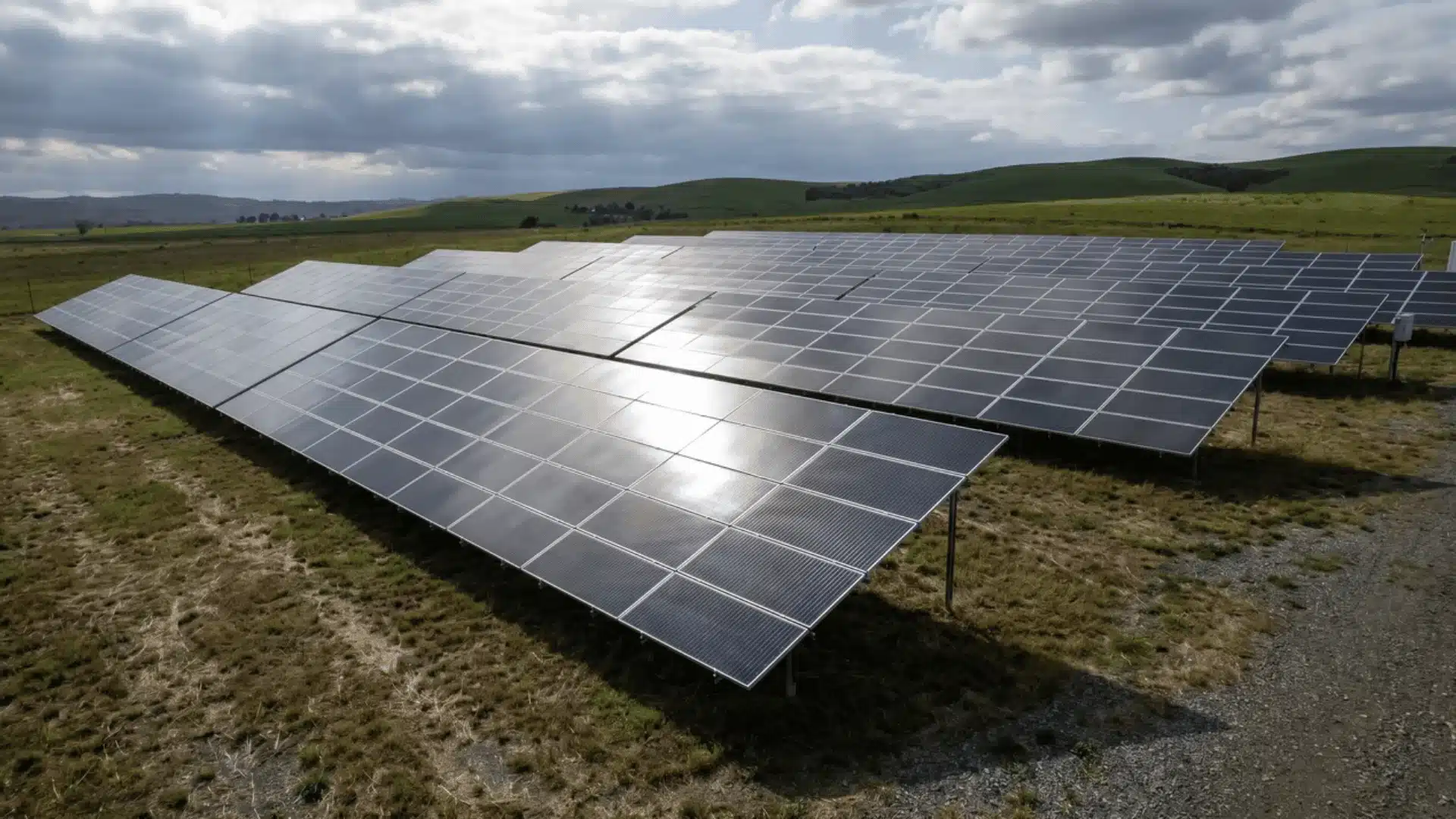 Solar panels showing uneven light exposure under mixed cloud cover