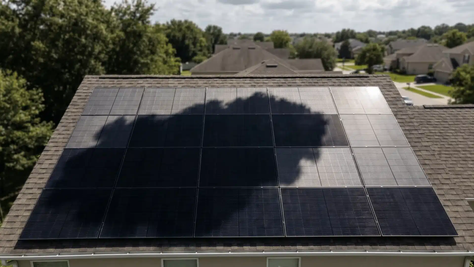 Solar panels on roof with cloud shadow covering part of the array
