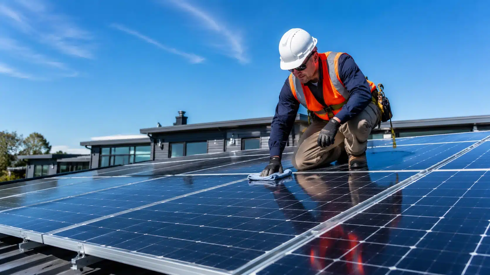 A solar technician in a hard hat and safety harness inspecting rooftop solar panels under a clear blue sky