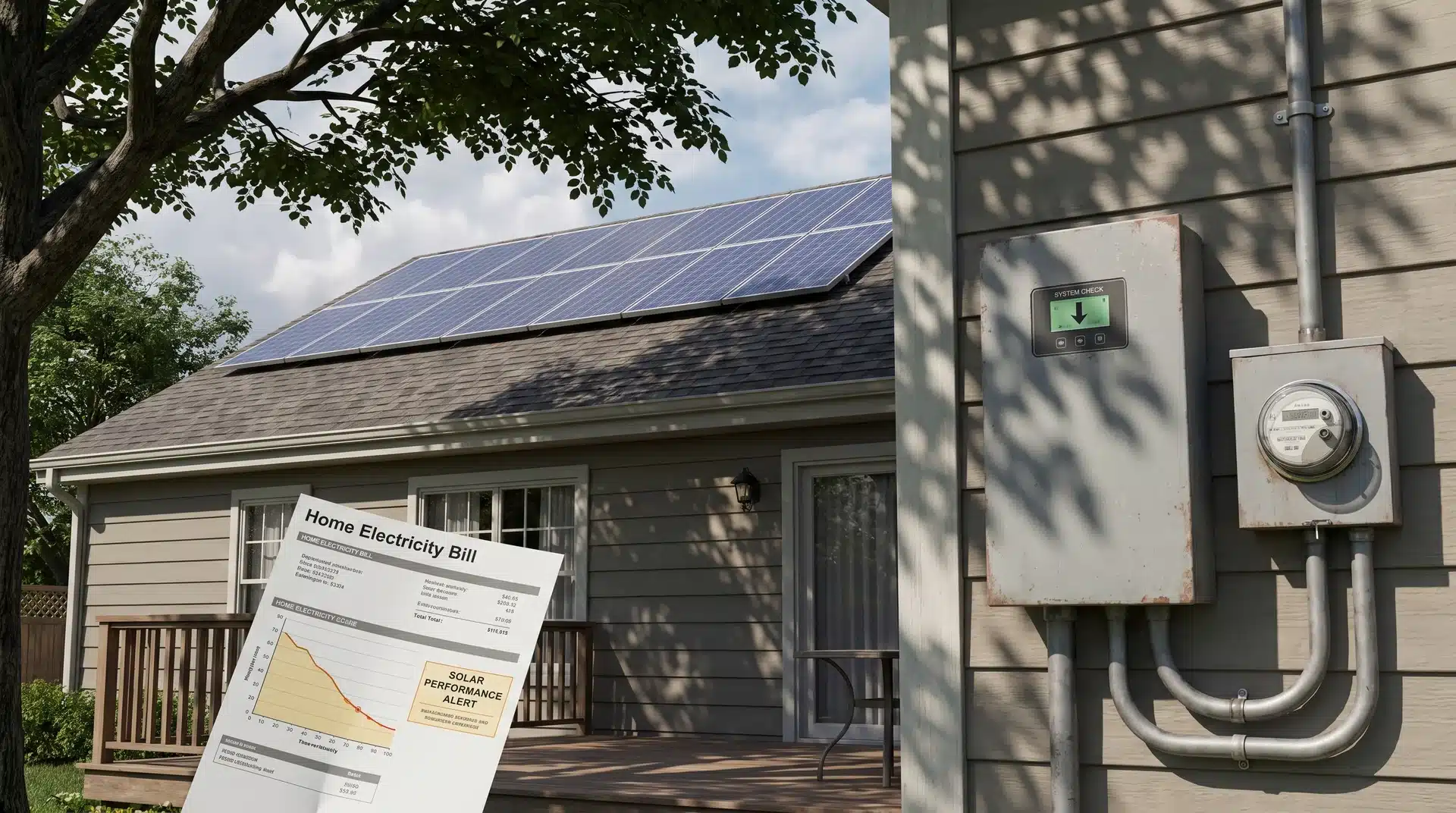 Rooftop solar panels with tree shade and home energy equipment showing reduced output factors