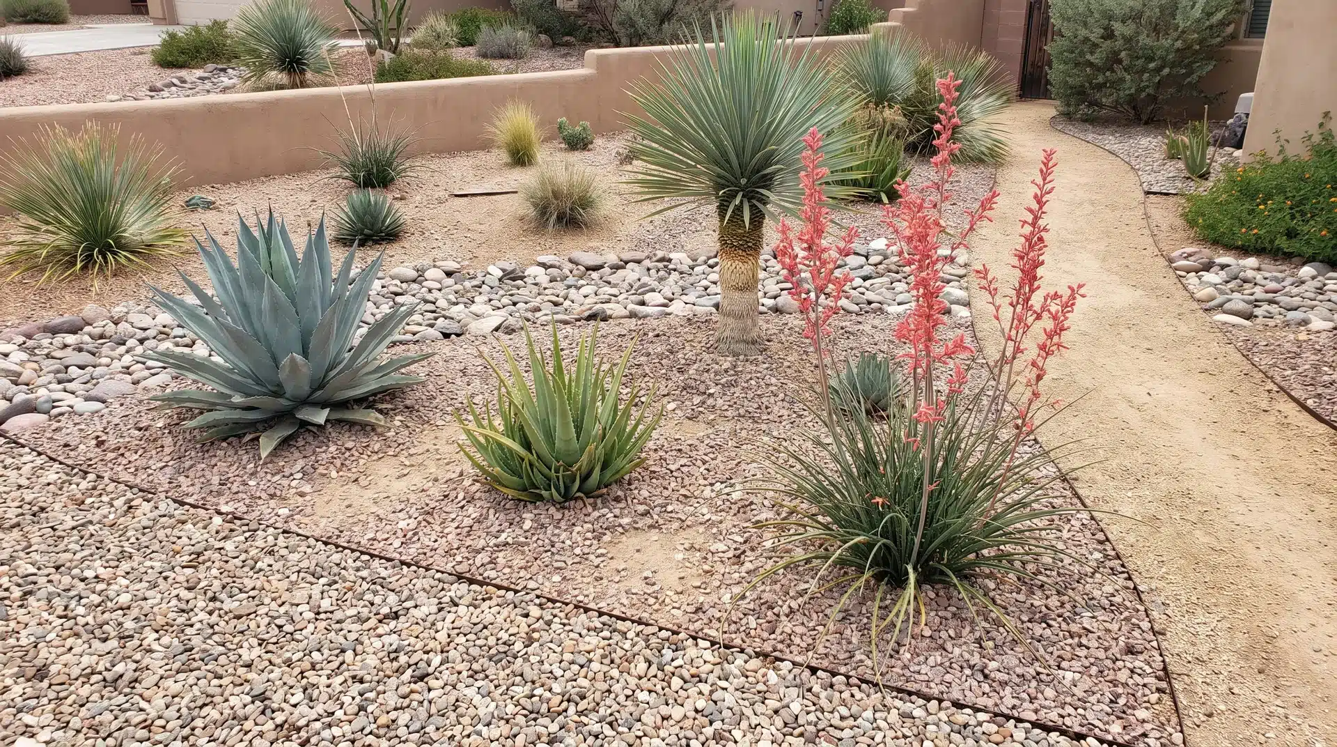 Agave, yucca, aloe, and red yucca planted as accents near gravel and a pathway