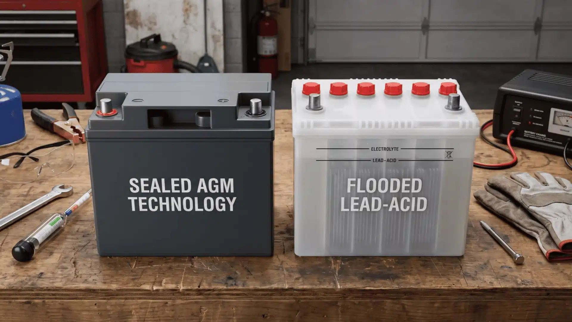 AGM and flooded lead-acid batteries placed side by side