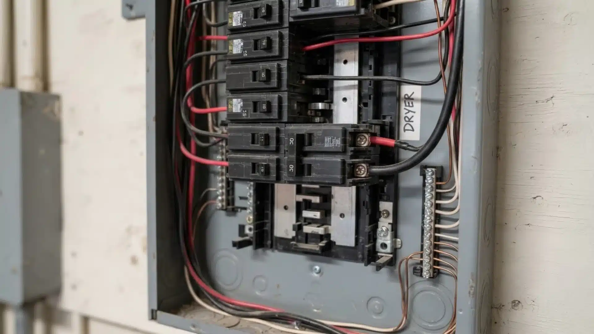 An open electrical breaker panel with a circuit switch labeled Dryer.